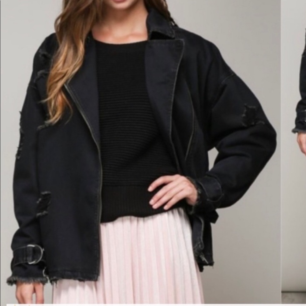 Distressed Black Boyfriend Moto Jean Jacket